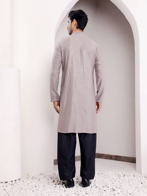  chikankari embroidery work grey festive wear kurta for men 2
