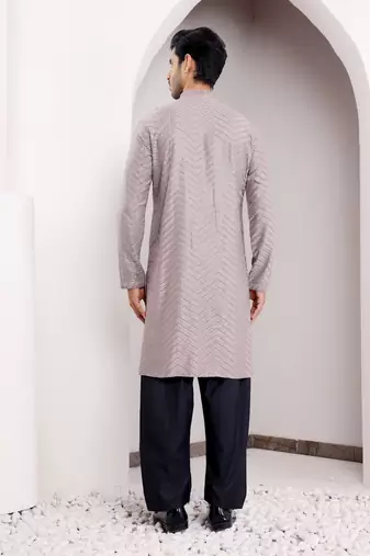  chikankari embroidery work grey festive wear kurta for men