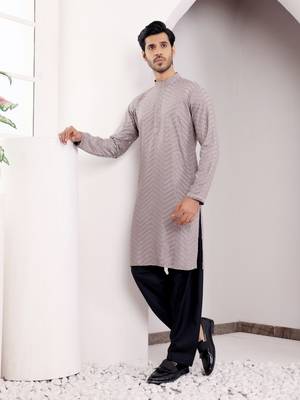  chikankari embroidery work grey festive wear kurta for men 3