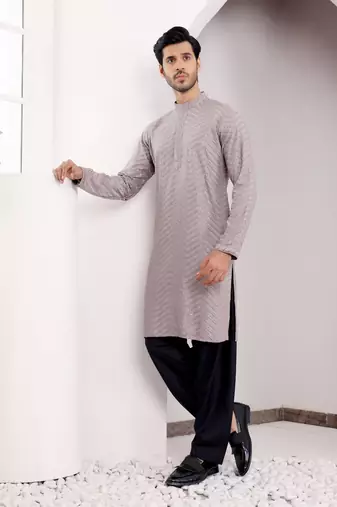  chikankari embroidery work grey festive wear kurta for men