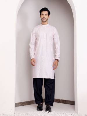  chikankari embroidery work light pink festive wear kurta for men 1