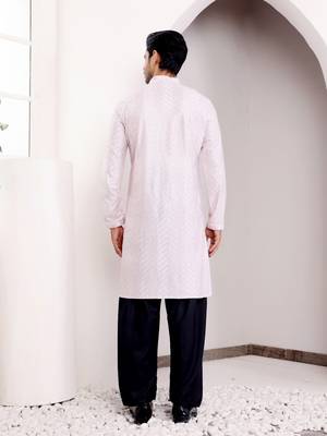  chikankari embroidery work light pink festive wear kurta for men 2