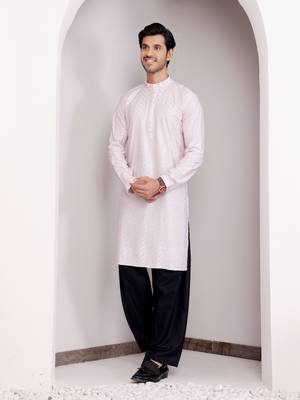  chikankari embroidery work light pink festive wear kurta for men 3