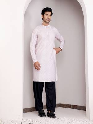  chikankari embroidery work light pink festive wear kurta for men 4