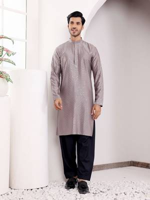  chikankari embroidery work grey festive wear kurta for men 1