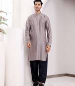  chikankari embroidery work grey festive wear kurta for men