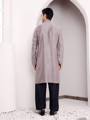  chikankari embroidery work grey festive wear kurta for men 2