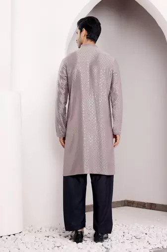  chikankari embroidery work grey festive wear kurta for men