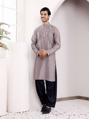  chikankari embroidery work grey festive wear kurta for men 3