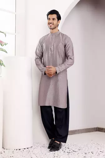  chikankari embroidery work grey festive wear kurta for men