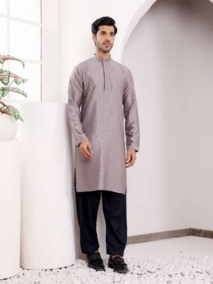  chikankari embroidery work grey festive wear kurta for men 4