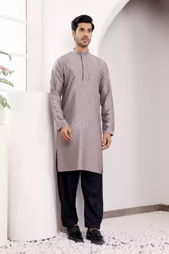  chikankari embroidery work grey festive wear kurta for men