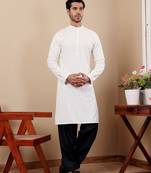  chikankari embroidery work white festive wear kurta for men
