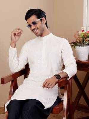  chikankari embroidery work white festive wear kurta for men 3