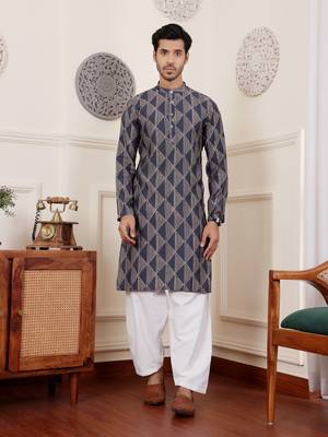 Navy blue modal silk fabric glamorous festive wear kurta payjama with printed 1
