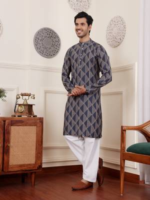 Navy blue modal silk fabric glamorous festive wear kurta payjama with printed 3