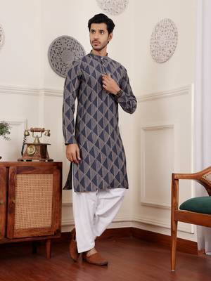 Navy blue modal silk fabric glamorous festive wear kurta payjama with printed 4