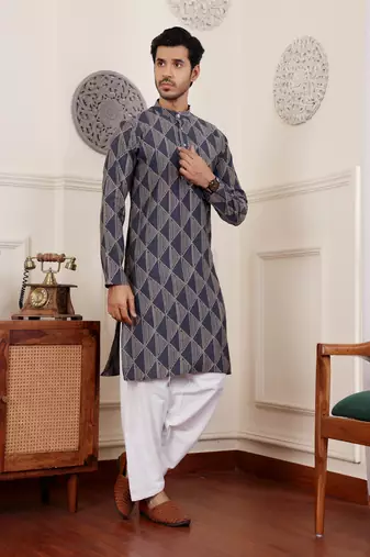 Navy blue modal silk fabric glamorous festive wear kurta payjama with printed