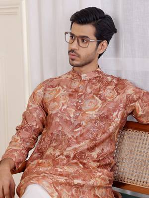 Brown modal silk fabric glamorous festive wear kurta payjama with printed 4
