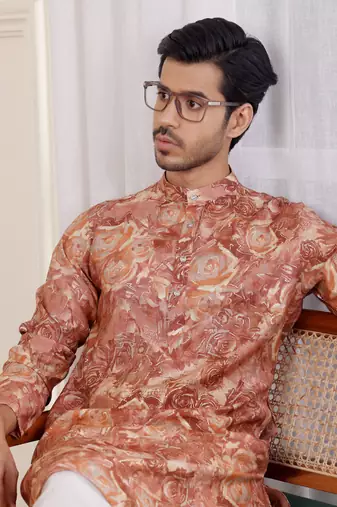 Brown modal silk fabric glamorous festive wear kurta payjama with printed