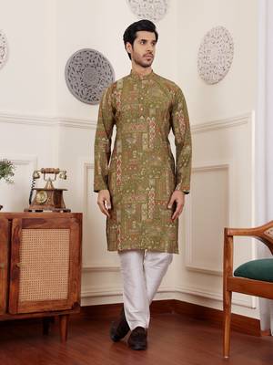 Green color modal silk fabric glamorous festive wear kurta payjama with designer printed 1