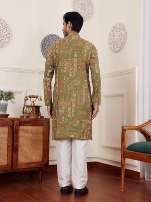 Green color modal silk fabric glamorous festive wear kurta payjama with designer printed 2