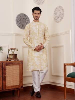 Light yellow modal silk fabric glamorous festive wear kurta payjama with printed 1