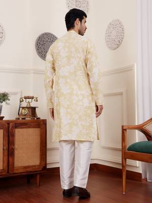 Light yellow modal silk fabric glamorous festive wear kurta payjama with printed 2
