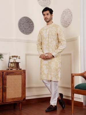 Light yellow modal silk fabric glamorous festive wear kurta payjama with printed 3