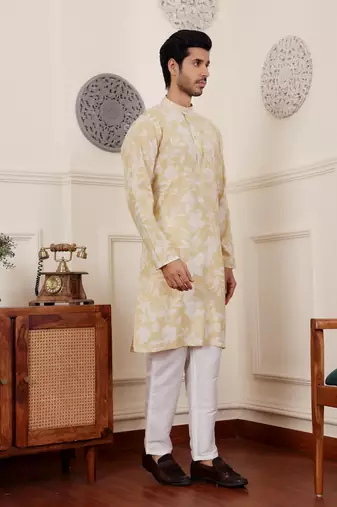 Light yellow modal silk fabric glamorous festive wear kurta payjama with printed
