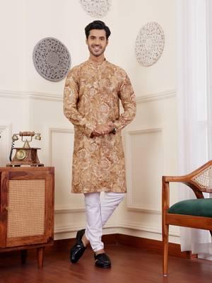 Light brown modal silk fabric glamorous festive wear kurta payjama with printed 1