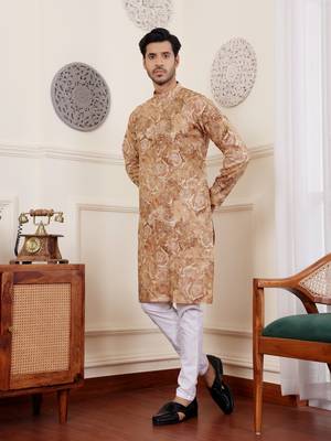 Light brown modal silk fabric glamorous festive wear kurta payjama with printed 3