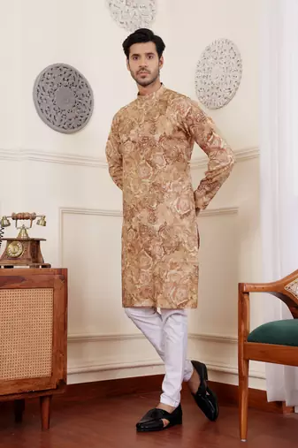 Light brown modal silk fabric glamorous festive wear kurta payjama with printed