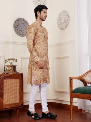 Light brown modal silk fabric glamorous festive wear kurta payjama with printed 4