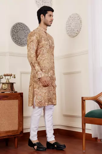 Light brown modal silk fabric glamorous festive wear kurta payjama with printed