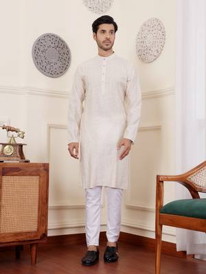 Off white modal silk fabric glamorous festive wear kurta payjama with printed 1