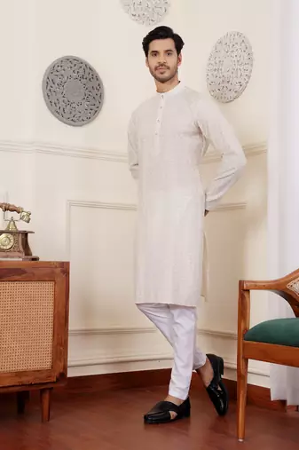 Off white modal silk fabric glamorous festive wear kurta payjama with printed
