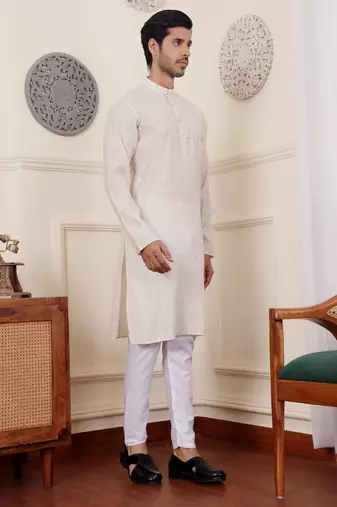 Off white modal silk fabric glamorous festive wear kurta payjama with printed