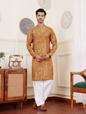 Brownish yellow color modal silk fabric glamorous festive wear kurta payjama with designer printed 1