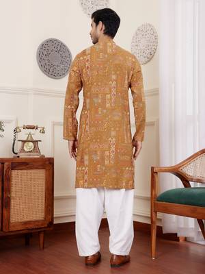 Brownish yellow color modal silk fabric glamorous festive wear kurta payjama with designer printed 2