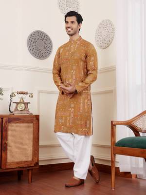 Brownish yellow color modal silk fabric glamorous festive wear kurta payjama with designer printed 3
