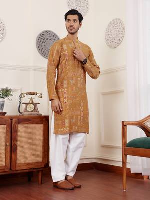 Brownish yellow color modal silk fabric glamorous festive wear kurta payjama with designer printed 4