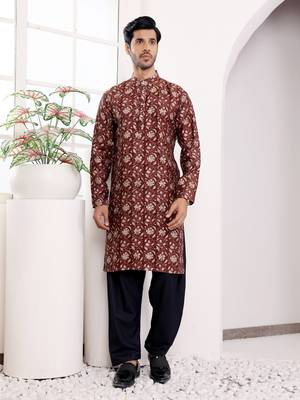 Maroon modal silk ethnic printed men's kurta for wedding season 1