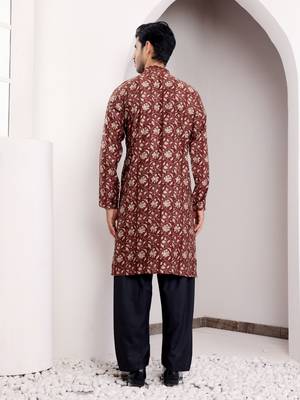 Maroon modal silk ethnic printed men's kurta for wedding season 2