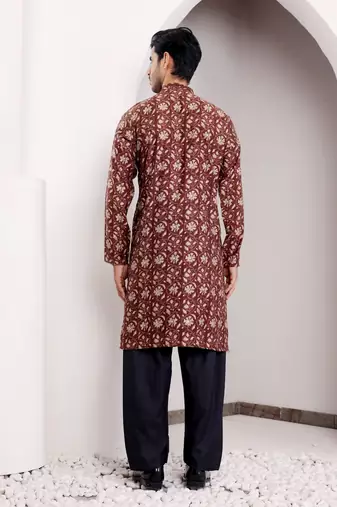 Maroon modal silk ethnic printed men's kurta for wedding season
