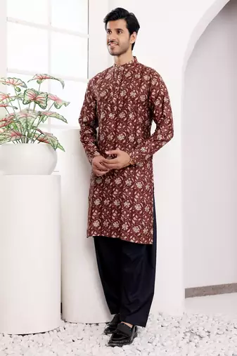 Maroon modal silk ethnic printed men's kurta for wedding season