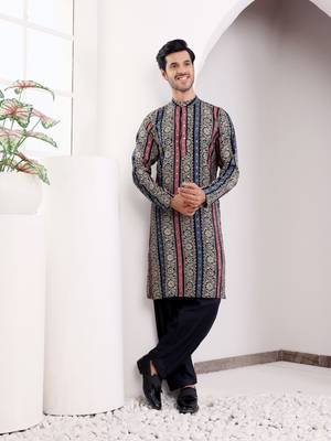 Multy color modal silk ethnic designer printed men's kurta for wedding season 1