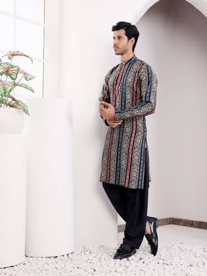 Multy color modal silk ethnic designer printed men's kurta for wedding season 3