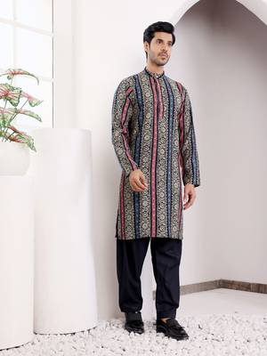 Multy color modal silk ethnic designer printed men's kurta for wedding season 4