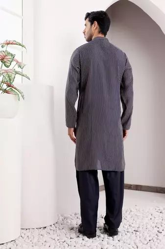 Blue modal silk ethnic printed men's kurta for wedding season